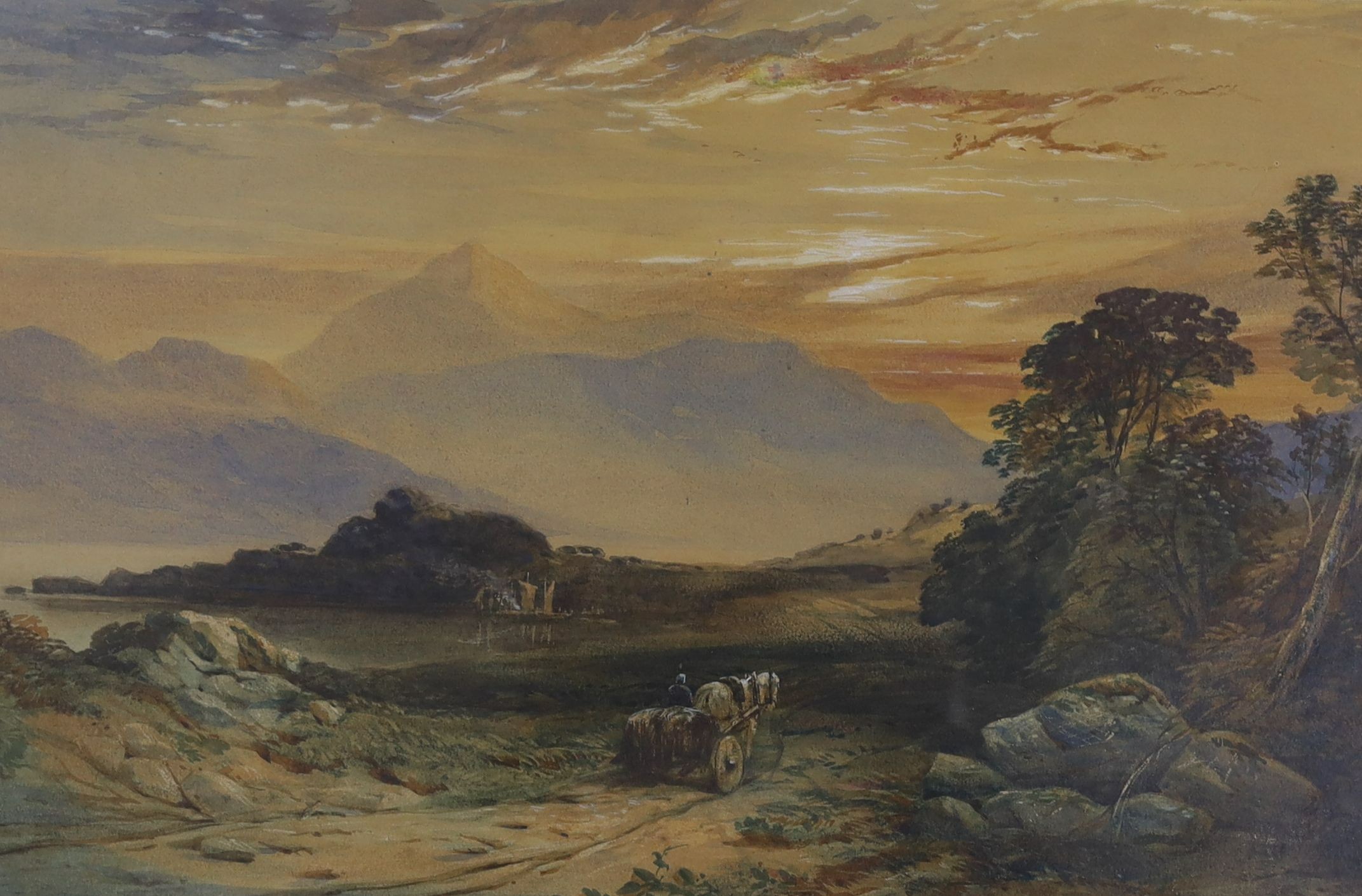 Victorian School, watercolour, Horse and cart in a landscape, 28 x 44cm